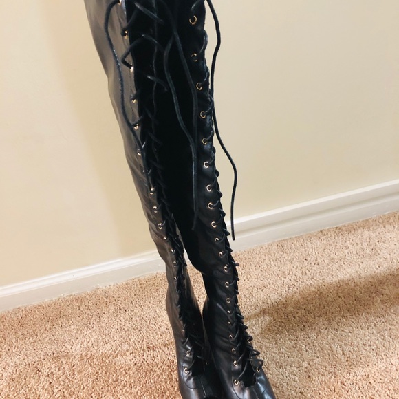 Shoes - 🔥Black thigh high boots with peep toe. Size 7🔥